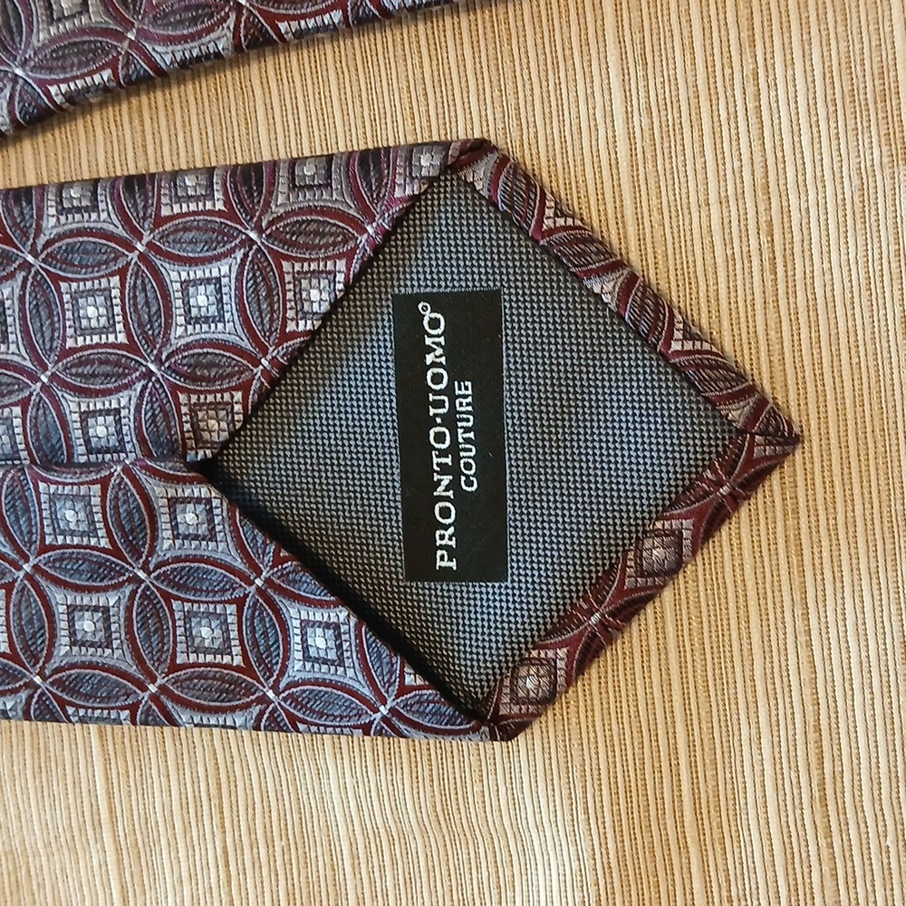 PRONTO• UOMO Couture Geometric Patterned Tie - Burgundy/Blue/Grey - Picture 3 of 6